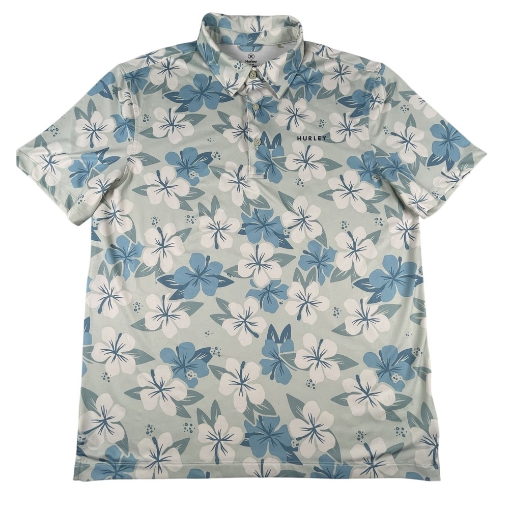 Hurley Polo Shirt Mens Medium Green Blue Floral Printed SS Polo Performance Golf